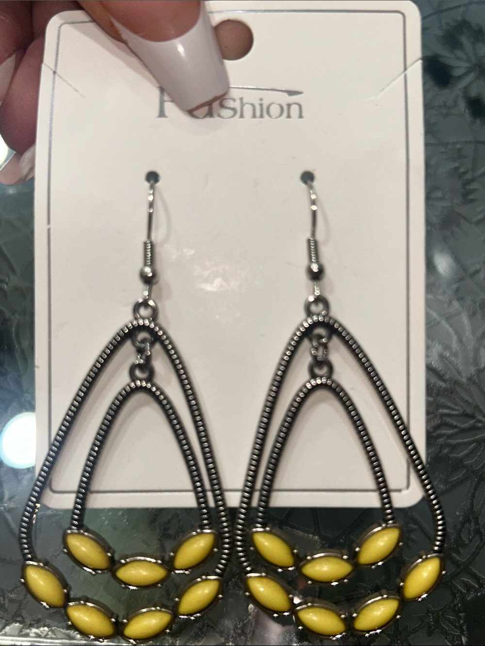Yellow Teardrop Dangle Earrings with Silver-Tone Frame NWT